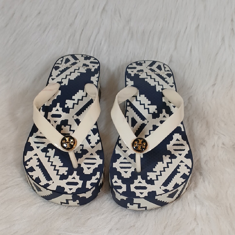 Tory Burch Navy and White Flip Flops